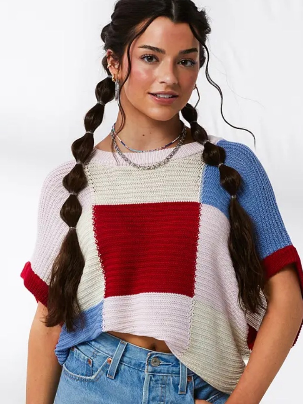33 Coastal dolman  Cropped Crewneck Sweater - Red, Blue & Cream